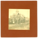 Parade with elephants in front of courthouse, Stockton by unidentified