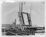 Steel Industry and Trade-Stockton-cranes hoisting steel structures along the Channel at Stockton Steel Fabricators Inc., Stockton Ice Rink, Taylor Milling Company by Van Covert Martin