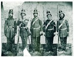 Stockton - Militia: Group portrait of 5 militiamen in full dress uniform, Phil Skooff, Ruddick by Unknown