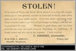 County Jail: Stolen! From town of Tracy, one Sorrel Mare…E. Gieseke Constable, Tracy, Cal. or Walter F. Sibley, Sheriff, Stockton by Unknown