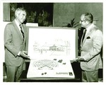 Athletics-President Stanley McCaffrey and Alex Spanos with plans for Spanos Center at University of the Pacific by Covello Photography