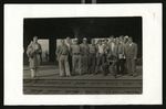 Football-University of Pacific team members on train platform during trip to Chicago by W.F. Hodges Photos