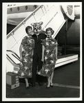 Football-University of the Pacific mascot with two flight attendants next to Pan-Am plane by unknown
