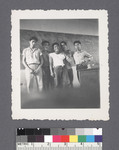 Five high school boys in front of blackboard by Richard Shizuo Yoshikawa