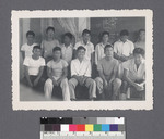 Two rows of high school boys in front of blackboard: (Top L-R) Tefs Matsumoto (4th), Frank Matsumoto (5th); (Bottom L-R) Tsukasa Matsueda (3rd), Joe Matsuo (4th), Akiro Kume